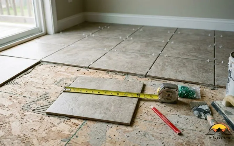 professional photograph showing the relationship between a small measured area and a larger square-foot area in a real flooring project.