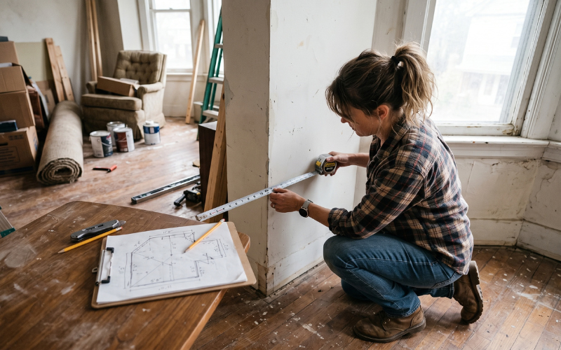 Ultra-realistic documentary photograph of a homeowner measuring an unusually shaped room with several different wall sections