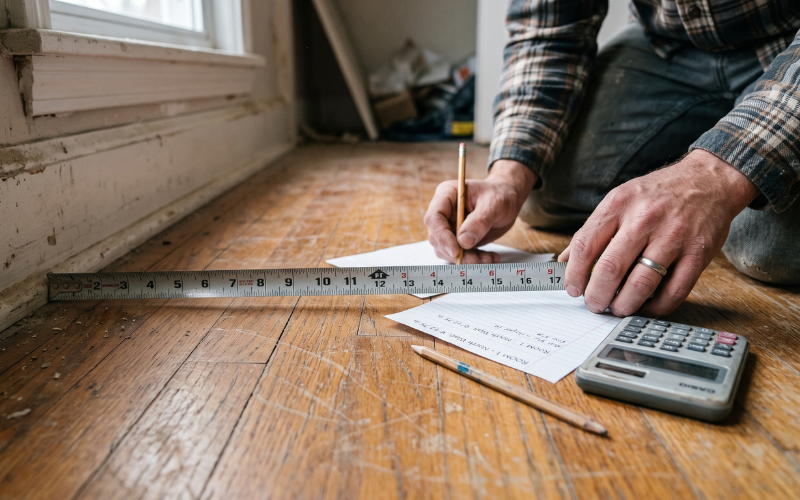 Ultra-realistic close-up documentary photograph of a person reading measurements from a steel tape measure stretched across a real residential floor