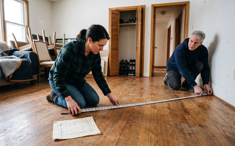Ultra-realistic candid photograph inside a real residential room being measured for flooring