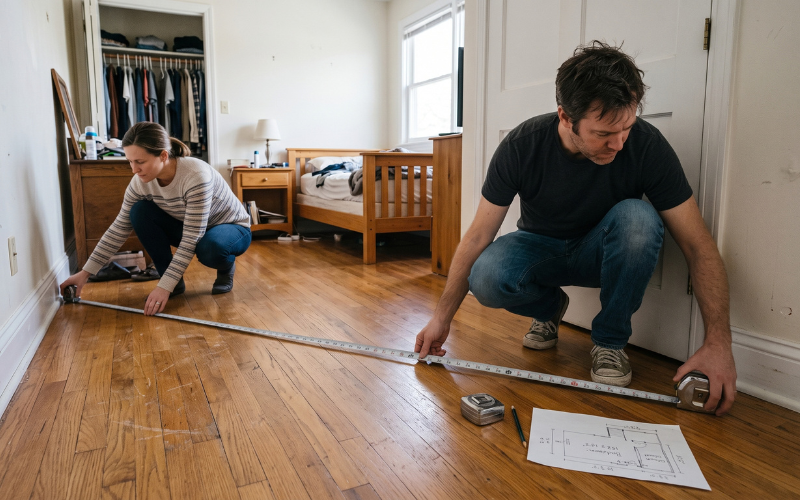 Ultra-realistic documentary photograph of a homeowner measuring the floor dimensions of an ordinary real bedroom with a steel tape measure