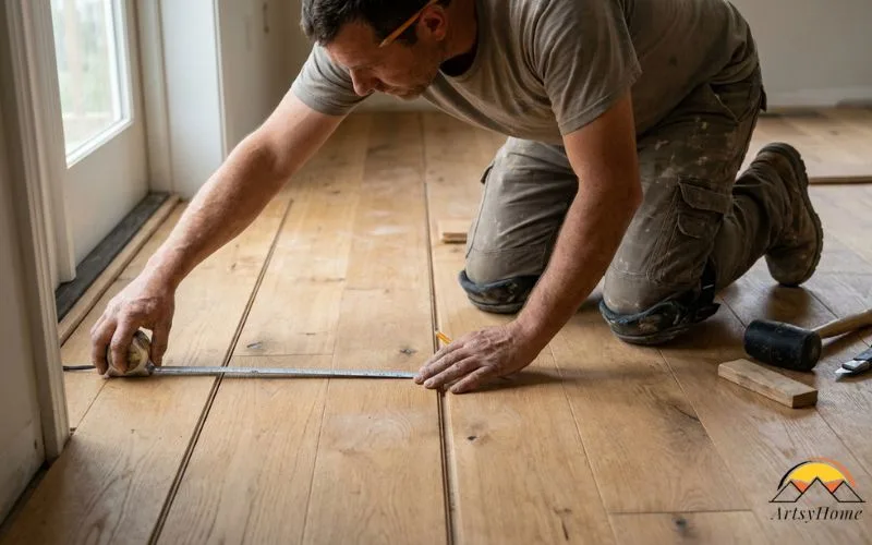 photograph of a real flooring contractor taking measurements inside a large residential living room.