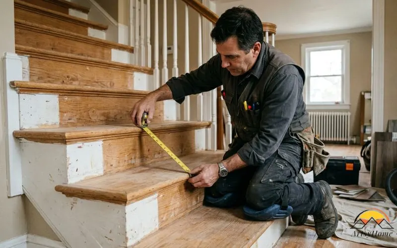 photograph of a flooring professional measuring a staircase inside a home.