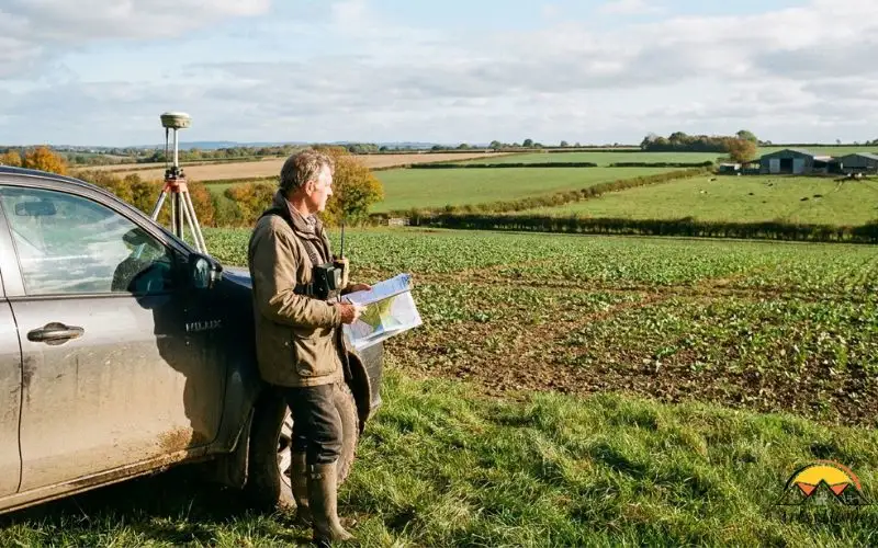 photograph of a large agricultural property being inspected by a land professional. A surveyor or agricultural property agent is standing beside a vehicle