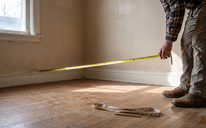 Authentic photograph inside a real empty residential room during a home measurement.