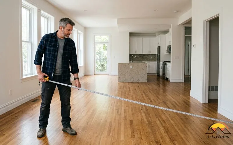 man standing inside a large, mostly empty open-plan residential space while measuring the floor area.