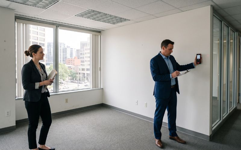 Photorealistic photograph inside a real commercial office being rented by a small business.
