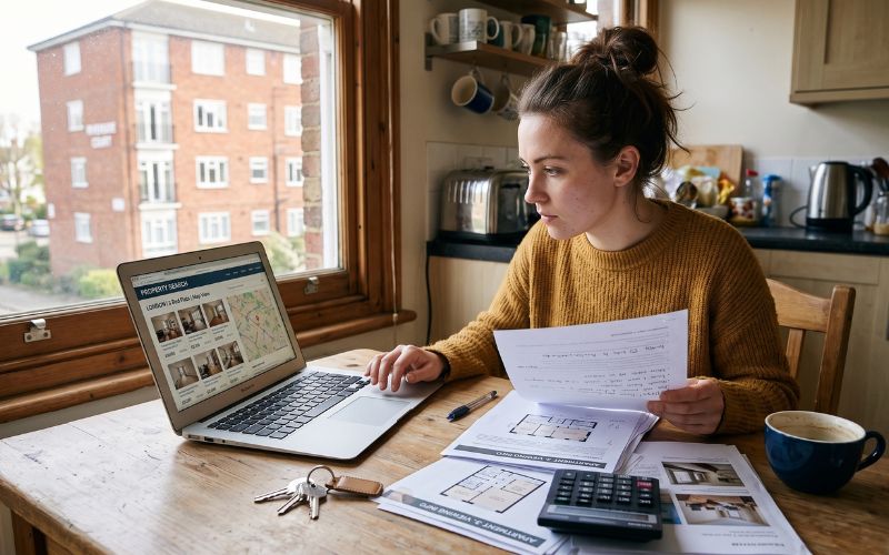 Natural lifestyle photograph of a person comparing housing options at home.