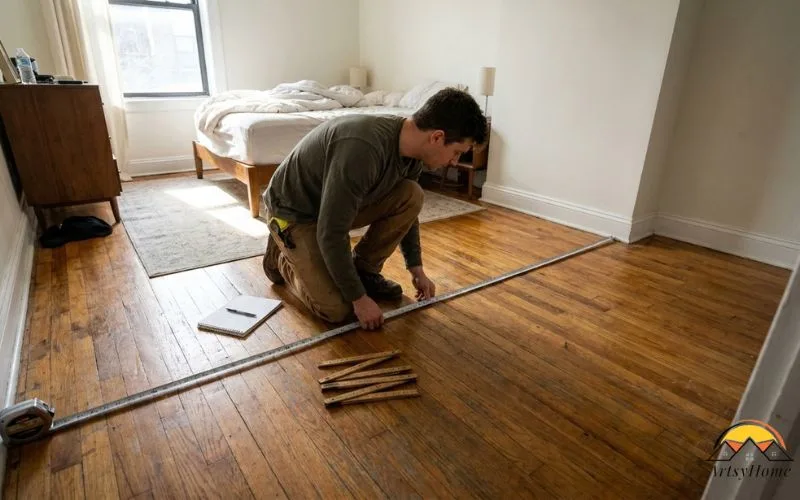 a homeowner measuring a rectangular bedroom for a flooring or renovation project.