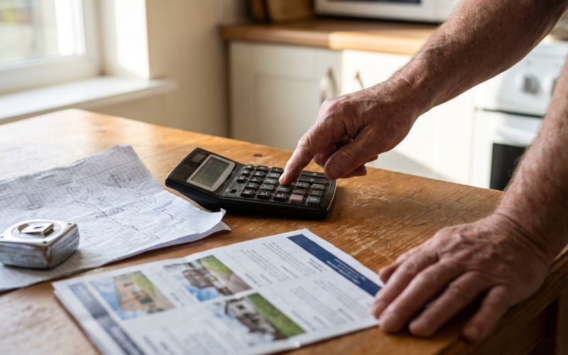 Real photograph of an actual person sitting at a kitchen table calculating the cost of a house. Only show the person's hands and arms, not a posed portrait. A normal inexpensive calculator, a printed property listing, a measuring tape and a sheet of graph paper are naturally scattered across the table. The person's finger is pressing the calculator. Morning sunlight comes through a real kitchen window, creating natural shadows across the table. Slightly messy papers, ordinary household environment, realistic calculator buttons, realistic human hands and fingernails, natural skin texture. Shot on a full-frame DSLR, 50mm lens, shallow but believable depth of field, natural exposure, documentary photography. No perfectly arranged objects, no futuristic calculator, no fake numbers, no readable text, no graphics, no CGI, no illustration, no stock-photo appearance.