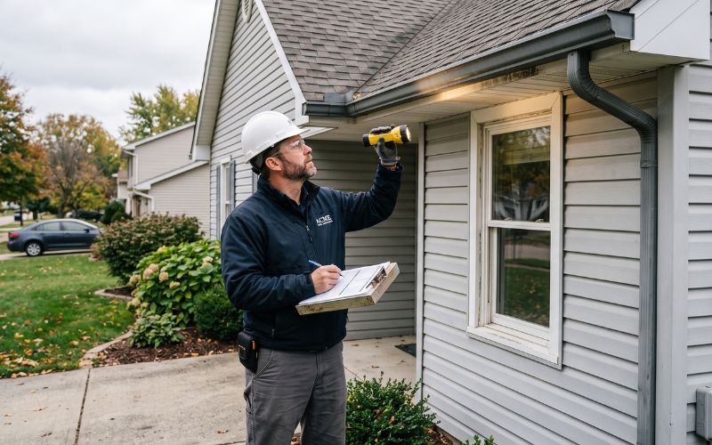Candid photograph of a professional home inspector examining a real residential house.