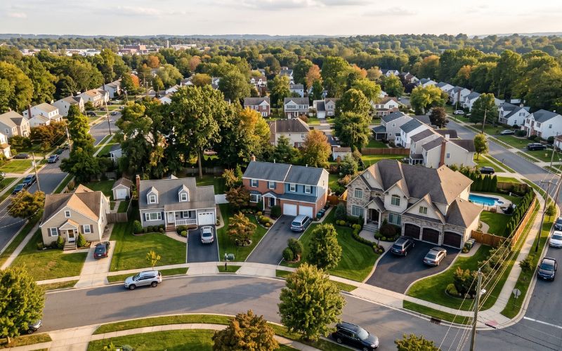 Photorealistic aerial-oblique photograph of a real American suburban neighborhood.