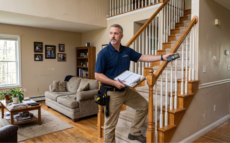 Realistic photograph taken inside an ordinary two-story American house during a property inspection.