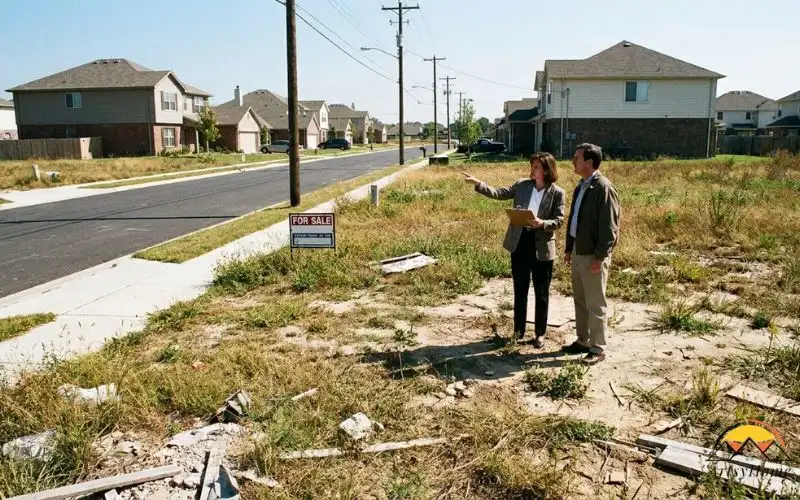 photograph of a vacant residential lot in a developed suburban neighborhood. A real estate agent and buyer are standing on the lot looking toward nearby houses