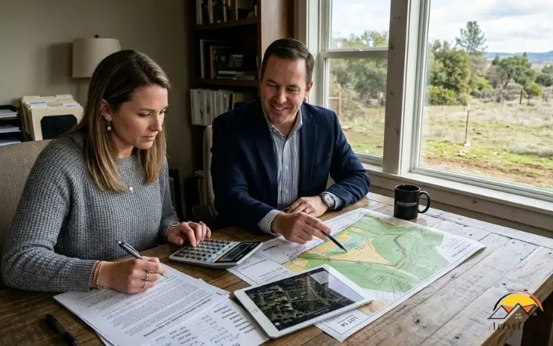 buyer sitting at a table with a real estate agent, reviewing a property listing and calculating the cost of a vacant parcel