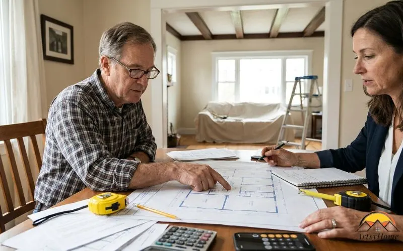 Create a realistic editorial photograph of a homeowner and an interior professional working together at a dining table while calculating the area of a room.

On the table, show a genuine printed architectural floor plan, a measuring tape, pencil, calculator and a smartphone. The floor plan should contain realistic lines and room shapes but no readable words, labels or artificially inserted numbers.

In the background, show the actual room they are planning, creating a clear connection between the physical space and the measurements on the floor plan. One person should be pointing at a room on the plan while the other checks measurements.

Make it feel like an authentic home renovation planning session, not a staged business meeting.

Photorealistic editorial home-improvement photography, real lived-in home, natural daylight, realistic human proportions and hands, authentic construction and interior details, candid professional photography, subtle natural imperfections, realistic materials and textures, no CGI, no 3D render, no illustration, no infographic, no diagram, no floating numbers, no text overlay, no watermark, no exaggerated colors, no artificial-looking people, no duplicated objects or people, natural perspective, consistent visual style across the entire article.
