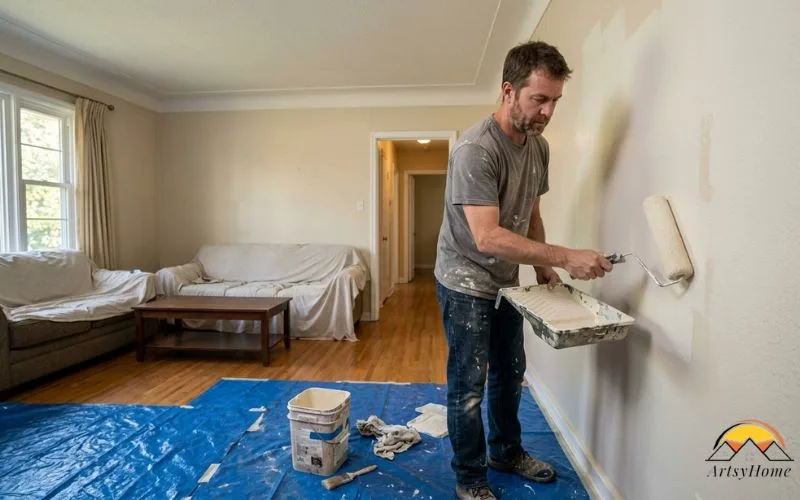 man preparing to paint the walls of an ordinary residential room.