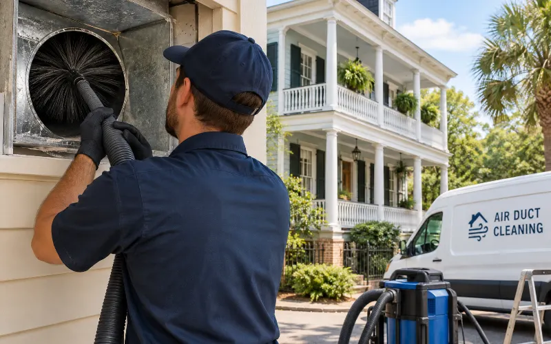 technician cleaning an air duct outside an older Charleston home.