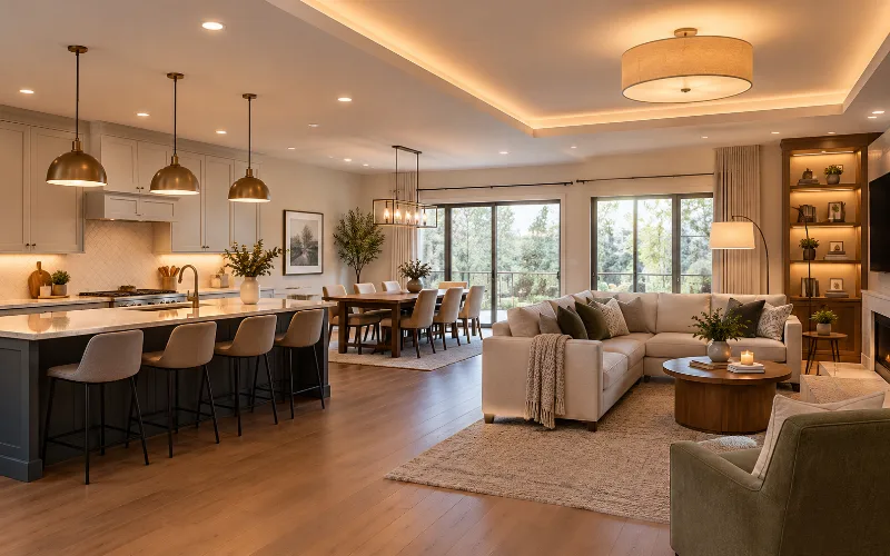 Open-plan living space with layered lighting, pendant lights, and modern interior design.